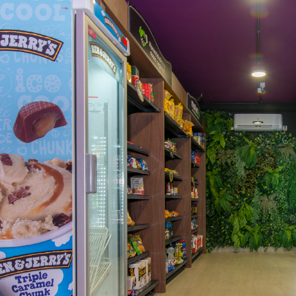 Visão do Luggo Market no condomínio Vilar Parque. É possível ver prateleiras com produtos alimentícios, de higiene e de limpeza e também um freezer de sorvete. O ambiente é decorado com plantas e possui ar-condicionado.