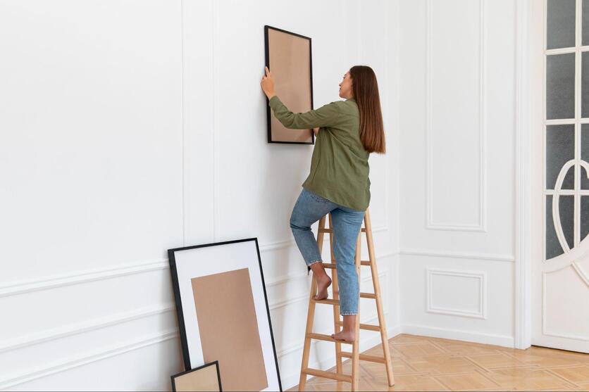 Mulher pendurando quadros na parede, em cima de uma escada articulável.