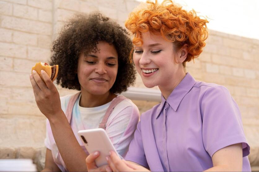Duas mulheres da Geração Z se comunicando com uma empresa através de aplicativos móveis.