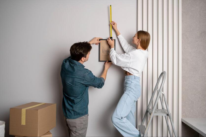 Casal medindo a parede juntos, com escadas e caixas de mudança ao redor.