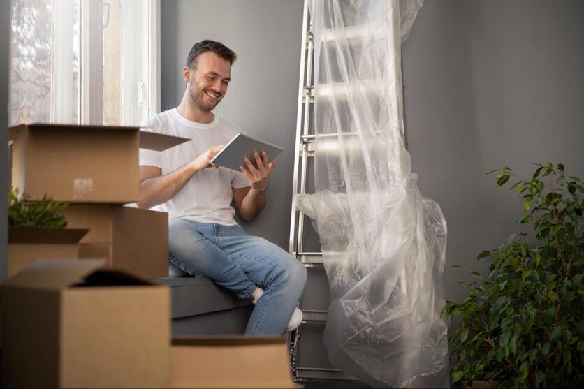 Homem adulto sorrindo, mexendo em um tablet, rodeado por caixas de mudança e uma escada.