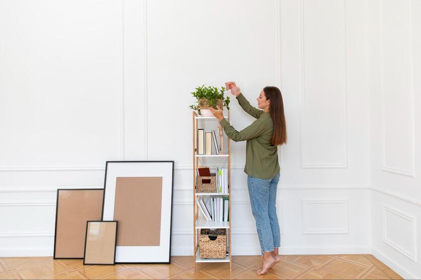 Mulher adulta, decorando uma estante com livros, cestas e plantas. Ao lado, quadros a serem pendurados estão apoiados na parede.