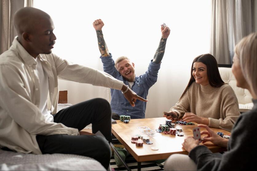 Grupo de amigos reunidos em uma mesa jogando poker, rindo e vibrando.