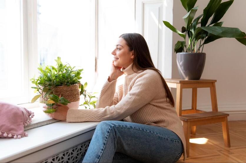 Mulher adulta, sentada em frente à janela enquanto segura um vaso de plantas. Ao fundo, é possível ver uma estante escada com outro vaso decorativo.