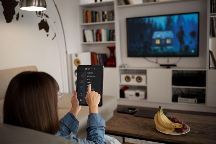 Mulher, sentada no sofá em frente a uma televisão, segurando um tablet para controlar os recursos do aparelho. No tablet, está escrito “Smart TV”.