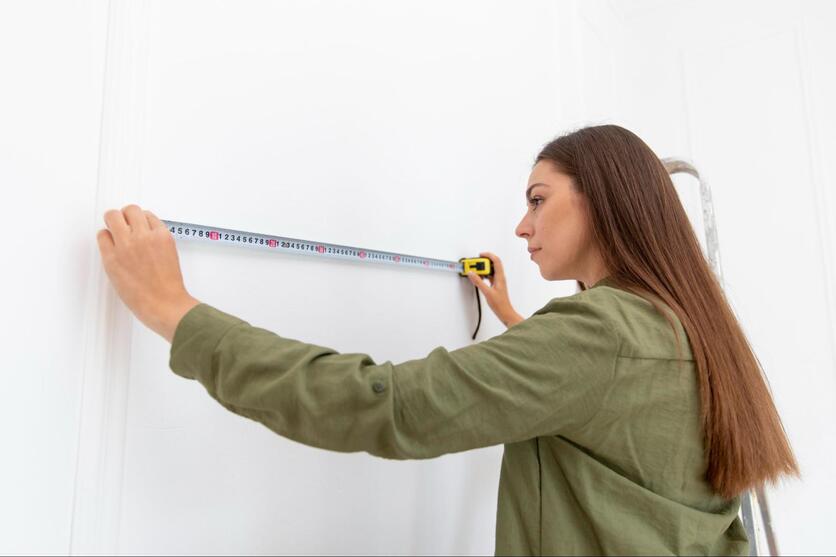 Mulher adulta, segurando uma fita métrica para tirar as medidas de uma parede.