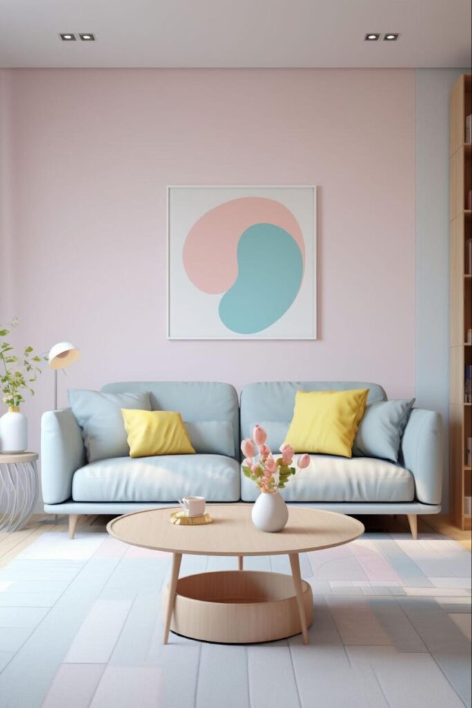 Sala de estar em candy colors, com uma parede em rosa bebê e um sofá azul claro, com almofadas em amarelo também pastel.