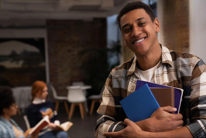 Jovem negro estudante, segurando livros nos braços enquanto sorri. Ao fundo, uma biblioteca com estudantes sentados com livros nas mãos.