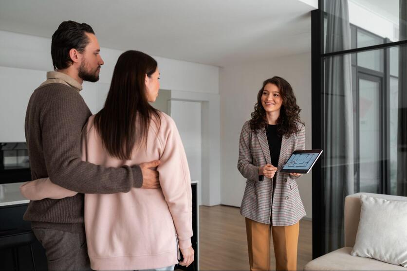 Um homem e uma mulher estão abraçados, de costas. Outra mulher está na frente deles, ela segura um tablet e mostra algo ao casal, não é possível ver detalhes da tela. O ambiente é uma sala de apartamento.